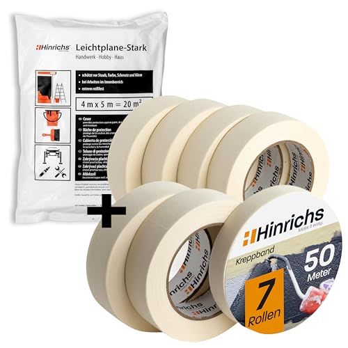 Hinrichs 7x Kreppband & 8x Abdeckfolie - Abklebeband 6 Rollen 50m x 30mm + 1 Rolle 50m x 20mm -Je Malerfolie 4x5m für insgesamt 160qm - Maler Klebeband & Abdeckplane zum Streichen und Lackieren von Hinrichs