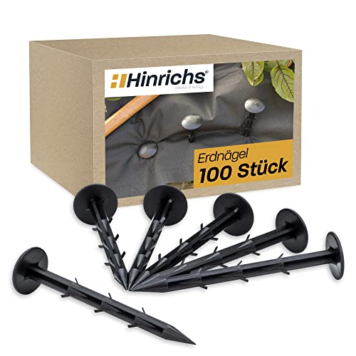 Hinrichs Erdnägel 100 Stück - Erdanker Unkrautvlies extra stark - 6 Widerhaken - 14,5 cm lang, 35mm Kopfdurchmesser - Bodenvlies Maulwurfnetz Folien Planen Bodenanker- Kunststoffnägel Schwarz von Hinrichs