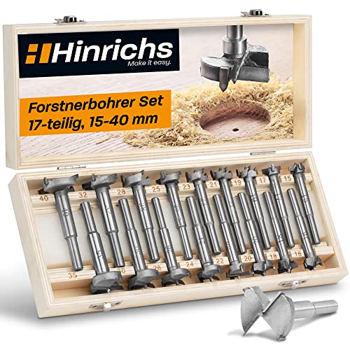 Hinrichs Forstnerbohrer Set 17 teilig im Koffer - Forstnerbohrer-Set 15 bis 40 mm - Holzbohrer - Forstner - Forsterbohrerset Fräslochborer Topfbohrer - Bohrer Holz - Lochfräser Astlochbohrer von Hinrichs