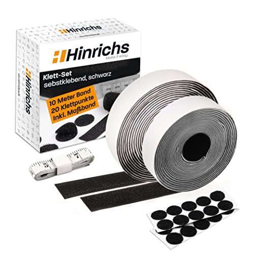 Hinrichs Klettband Set schwarz – 10m x 2cm Klettband Selbstklebend extra stark + 20x Klettpunkte selbstklebend Ø 2cm - Klettverschluss Selbstklebend Klebeklett Klettstreifen selbstklebend Inkl Maßband von Hinrichs