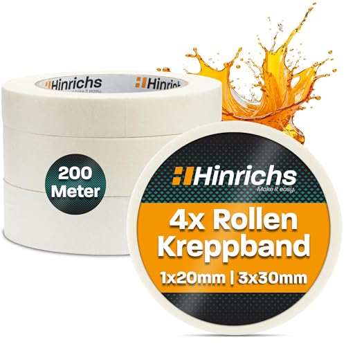 Hinrichs Kreppband 4x - Abklebeband 3 Rollen 50m x 30mm + 1 Rolle 50m x 20mm - Maler Klebeband zum Streichen und Lackieren - Abdeckband für Malerarbeiten - Malerkrepp für Renovierung & Auto von Hinrichs