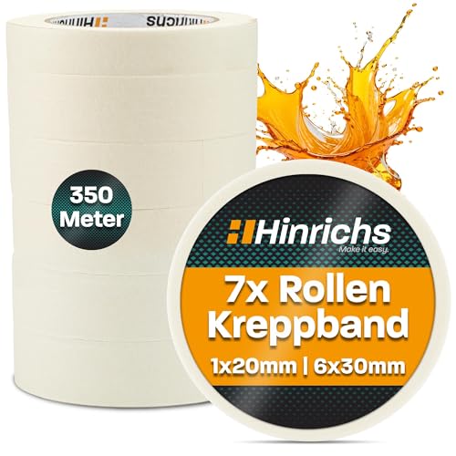 Hinrichs Kreppband 7x - Abklebeband 6 Rollen 50m x 30mm + 1 Rolle 50m x 20mm - Maler Klebeband zum Streichen und Lackieren - Abdeckband für Malerarbeiten - Malerkrepp für Renovierung & Auto von Hinrichs