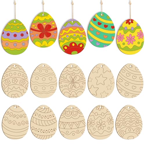 Hinsly Ostereier Holzanhänger Ostern Deko Ostern Basteln Kinder Unvollendete Ostereier zum Aufhängen Holzeier zum Bemalen Osterdeko 10 Stück 17 x 13 CM von Hinsly