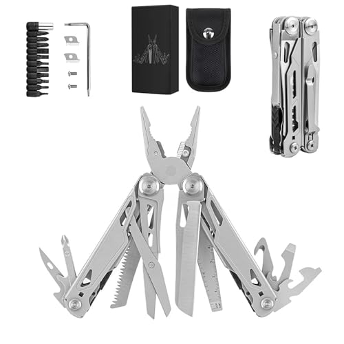 Multitool, 27-in-1-Multitool-Zange aus Edelstahl mit Selbstarretierung, Taschenmesser, Nylonscheide, professionelles (EDC) Multitool für Survival, Camping und Jagd, Wandern, einfache Reparatur silver von Hipre