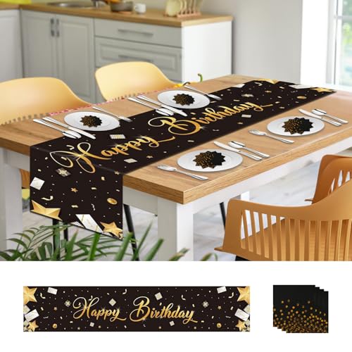 Tischläufer Geburtstag und Servietten Geburtstag - 180 x 35cm Schwarz Gold Happy Birthday Tischläufer mit 20 Stück Servietten, zur Geburtstag Dekoration für Kinder, Mädchen, Jungen - Party Deko von Hiqiku