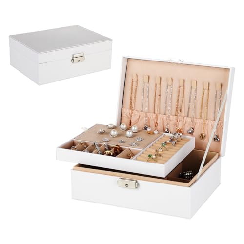 Schmuckschatulle, Schmuckkästchen, Doppelschicht PU-Leder Aufbewahrungskoffer, Jewelry Organizer mit Schloss und Schlüssel, Geeignet für Ringe, Ohrringe, Uhren, Armbänder und Halsketten (23x17x8,8cm) von Hisdricus