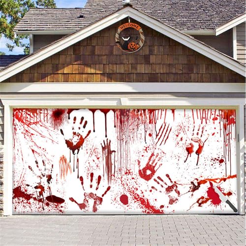 Hiseng 3D Halloween Garagentor Banner, Halloween Deko Outdoor Große Halloween Garage Dekorationen, Gruselige Halloween Banner Dekorationen für Halloween Party Dekorationen (blutige Hände,180x400cm) von Hiseng