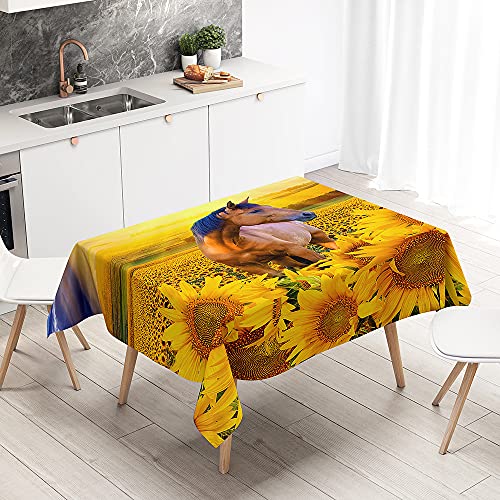 Hiseng 3D Pferd Muster Tischdecke Abwaschbar Rechteckig für Küche Esstisch Wischtuchreinigung Tischdecke für Indoor Outdoor Haus Küche Party Picknick (100x140cm,Sonnenblume) von Hiseng