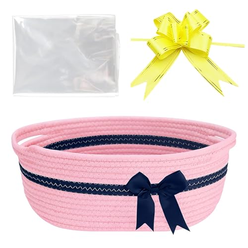 Hiseng Geschenkkorb Leer, Große Geflochten Korb für Geschenke, Aufbewahrungskorb mit Griffen, Weihnachten Geschenkkorb, Baby-Geschenkkorb, mit Geschenkpapier und Geschenkschleife (Rosa Blau) von Hiseng