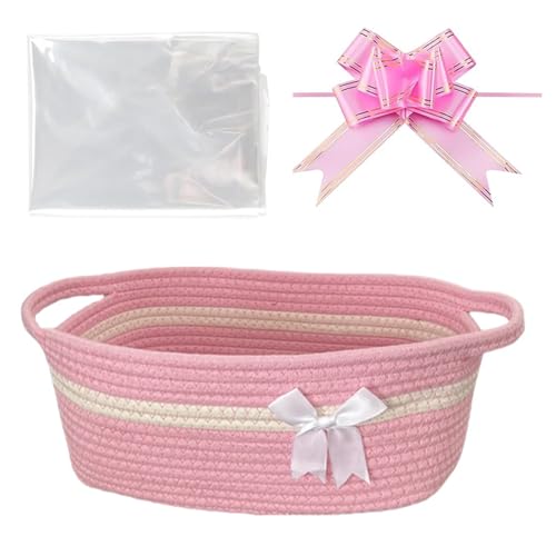 Hiseng Geschenkkorb Leer, Große Geflochten Korb für Geschenke, Aufbewahrungskorb mit Griffen, Weihnachten Geschenkkorb, Baby-Geschenkkorb, mit Geschenkpapier und Geschenkschleife (Rosa Weiß) von Hiseng