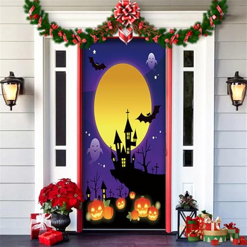 Hiseng Halloween Deko Banner, Happy Halloween Türabdeckung Hängende Türdeko Hintergrund für Halloween Party Wand Veranda Haustür Horror Spukhaus Deko Festival Requisiten -200x90cm (Dunkelviolett) von Hiseng