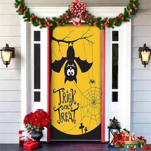 Hiseng Halloween Deko Banner, Happy Halloween Türabdeckung Hängende Türdeko Hintergrund für Halloween Party Wand Veranda Haustür Horror Spukhaus Deko Festival Requisiten -200x90cm (Gelb) von Hiseng