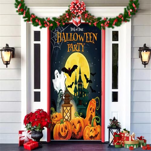 Hiseng Halloween Deko Banner, Happy Halloween Türabdeckung Hängende Türdeko Hintergrund für Halloween Party Wand Veranda Haustür Horror Spukhaus Deko Festival Requisiten -200x90cm (Mond) von Hiseng