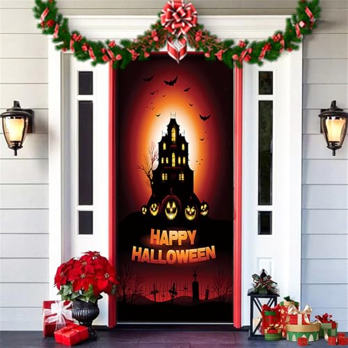 Hiseng Halloween Deko Banner, Happy Halloween Türabdeckung Hängende Türdeko Hintergrund für Halloween Party Wand Veranda Haustür Horror Spukhaus Deko Festival Requisiten -200x90cm (Schloss) von Hiseng