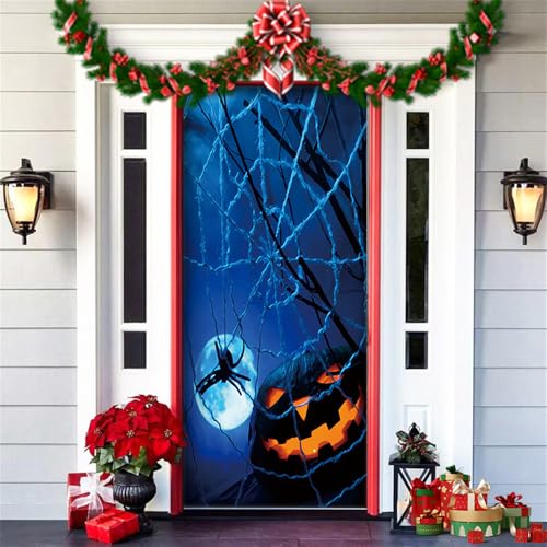 Hiseng Halloween Deko Banner, Happy Halloween Türabdeckung Hängende Türdeko Hintergrund für Halloween Party Wand Veranda Haustür Horror Spukhaus Deko Festival Requisiten -200x90cm (Spinnennetz) von Hiseng