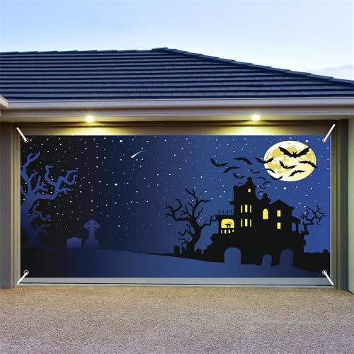 Hiseng Halloween Garagentor Banner, Halloween Deko Outdoor Große Halloween Garage Dekorationen, Fantasy Gruselige Halloween Banner Dekorationen für Halloween Party (210x480cm,Blaue Nacht) von Hiseng