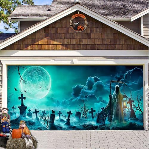 Hiseng Halloween Garagentor Banner, Halloween Deko Outdoor Große Halloween Garage Dekorationen, Fantasy Gruselige Halloween Banner Dekorationen für Halloween Party (210x480cm,Halloween-Abend) von Hiseng