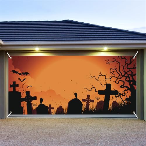 Hiseng Halloween Garagentor Banner, Halloween Deko Outdoor Große Halloween Garage Dekorationen, Fantasy Gruselige Halloween Banner Dekorationen für Halloween Party (210x480cm,Orange) von Hiseng