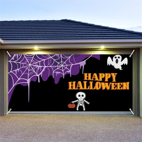 Hiseng Halloween Garagentor Banner, Halloween Deko Outdoor Große Halloween Garage Dekorationen, Fantasy Gruselige Halloween Banner Dekorationen für Halloween Party (210x480cm,Spinnennetz) von Hiseng