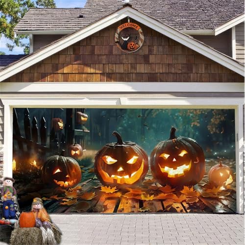 Hiseng Halloween Garagentor Banner, Halloween Deko Outdoor Große Halloween Garage Dekorationen, Gruselige Halloween Banner Dekorationen Bunt für Halloween Party Dekorationen (Kürbis,180x400cm) von Hiseng