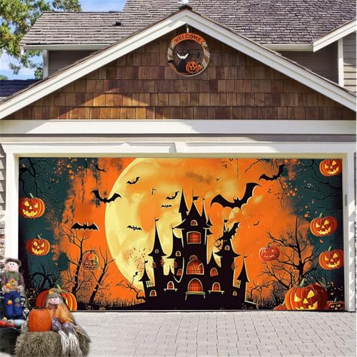 Hiseng Halloween Garagentor Banner, Halloween Deko Outdoor Große Halloween Garage Dekorationen, Gruselige Halloween Banner Dekorationen Bunt für Halloween Party Dekorationen (Orange Feuer,230x480cm) von Hiseng