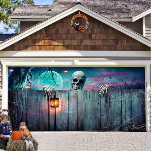 Hiseng Halloween Garagentor Banner, Halloween Deko Outdoor Große Halloween Garage Dekorationen, Gruselige Halloween Banner Dekorationen Bunt für Halloween Party Dekorationen (Planke,180x400cm) von Hiseng