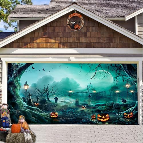 Hiseng Halloween Garagentor Banner, Halloween Deko Outdoor Große Halloween Garage Dekorationen, Gruselige Halloween Banner Dekorationen Bunt für Halloween Party Dekorationen (Wald,180x400cm) von Hiseng