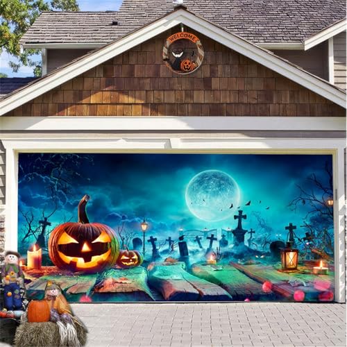 Hiseng Halloween Garagentor Banner, Halloween Deko Outdoor Große Halloween Garage Dekorationen, Gruselige Halloween Banner Dekorationen Bunt für Kürbis Halloween Party (230x480cm,Halloween Nacht) von Hiseng