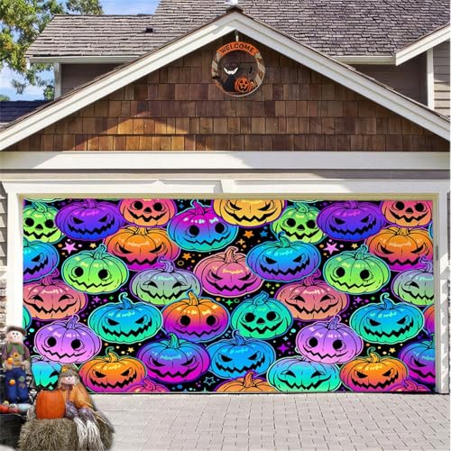 Hiseng Halloween Garagentor Banner, Halloween Deko Outdoor Große Halloween Garage Dekorationen, Gruselige Halloween Banner Dekorationen Bunt für Kürbis Halloween Party (230x480cm,Psychedisch) von Hiseng