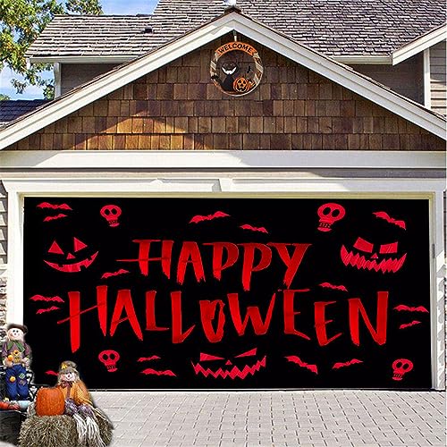 Hiseng Halloween Garagentor Banner, Halloween Deko Outdoor Große Halloween Garage Dekorationen, Gruselige Halloween Banner Dekorationen Rot für Halloween Party (210x480cm,Frohes Halloween) von Hiseng