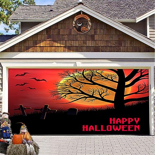 Hiseng Halloween Garagentor Banner, Halloween Deko Outdoor Große Halloween Garage Dekorationen, Gruselige Halloween Banner Dekorationen Rot für Halloween Party (210x480cm,Grabstein) von Hiseng