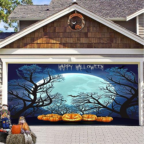 Hiseng Halloween Garagentor Banner, Halloween Deko Outdoor Große Halloween Garage Dekorationen, Gruselige Halloween Banner Dekorationen Rot für Halloween Party (210x480cm,Kürbis) von Hiseng