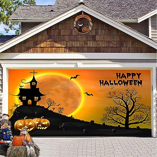 Hiseng Halloween Garagentor Banner, Halloween Deko Outdoor Große Halloween Garage Dekorationen, Gruselige Halloween Banner Dekorationen Rot für Halloween Party (210x480cm,Mondscheinnacht) von Hiseng