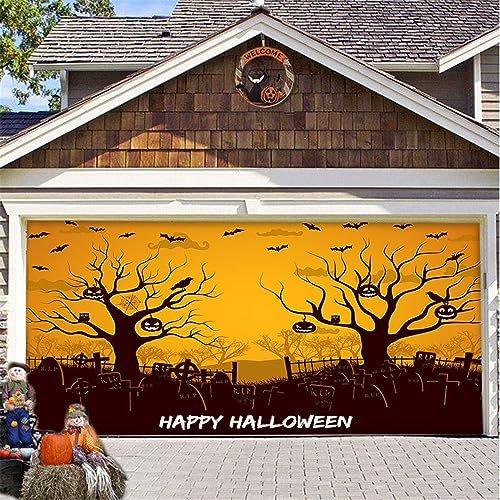 Hiseng Halloween Garagentor Banner, Halloween Deko Outdoor Große Halloween Garage Dekorationen, Gruselige Halloween Banner Dekorationen Rot für Halloween Party (210x480cm,Toter Baum) von Hiseng