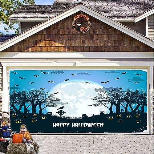 Hiseng Halloween Garagentor Banner, Halloween Deko Outdoor Große Halloween Garage Dekorationen, Gruselige Halloween Banner Dekorationen Rot für Halloween Party (210x480cm,Wald) von Hiseng