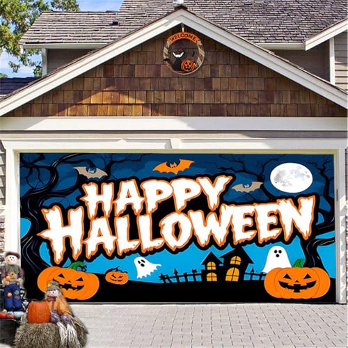 Hiseng Halloween Garagentor Banner, Halloween Deko Outdoor Große Halloween Garage Dekorationen, Gruselige Halloween Banner Dekorationen für Halloween Party (Orange Fledermaus,210x240cm) von Hiseng