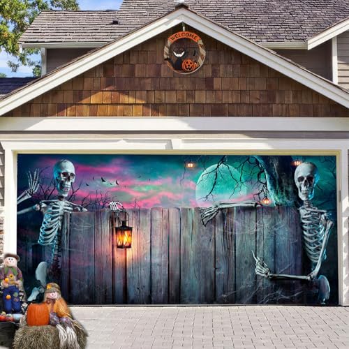 Hiseng Halloween Garagentor Banner, Halloween Deko Outdoor Große Halloween Garage Dekorationen, Gruselige Halloween Banner Dekorationen für Halloween Party Dekorationen (Bunter Kürbis 1,230x480cm) von Hiseng