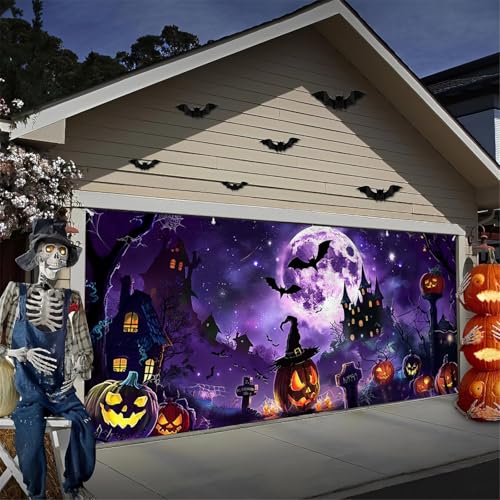 Hiseng Halloween Garagentor Banner, Halloween Deko Outdoor Große Halloween Garage Dekorationen, Lila Gruselige Halloween Banner Dekorationen für Halloween Party Dekorationen (230x480cm,Kürbis) von Hiseng