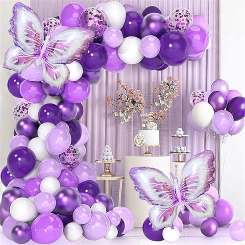 Hiseng Luftballons Lila Schmetterling Weiß, 109 Stück Helium Ballons Lila Weiß, Violett Konfetti Latex Ballons, Luftballons Set für Geburtstag Hochzeit Party Babyparty (Lila) von Hiseng