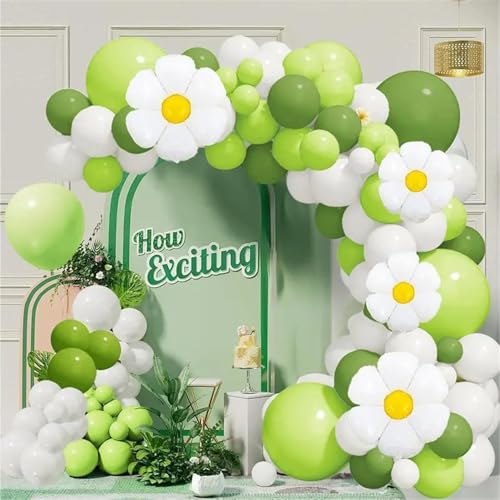 Hiseng Luftballons Macaron Konfetti, 139 Stück Grüne Gänseblümchen Weiße Helium Ballons, Konfetti Latex Ballons, Luftballons Set für Geburtstag Hochzeit Party Babyparty (Blumen) von Hiseng