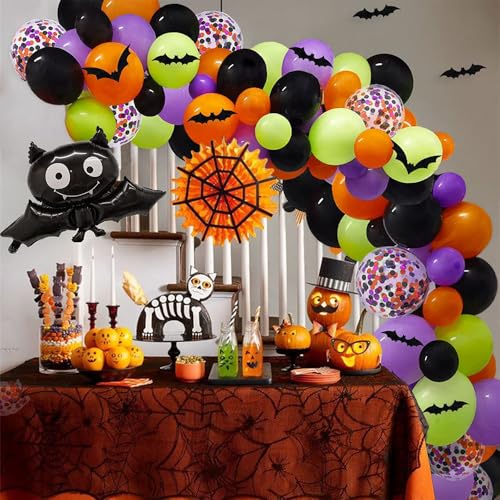 Hiseng Luftballons Orange Schwarz, 136 Stück Lila Orange Schwarz Grün Helium Ballons, Konfetti Latex Ballons, Luftballons Set für Halloween Geburtstag Hochzeit Party Babyparty (Schläger) von Hiseng