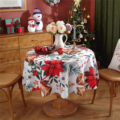 Hiseng Weihnachten Tischdecke, Rote Weihnachten Runden Tischdecken, Wasserdicht Abwaschbar Outdoor Polyester Tischtuch Winter Xmas New Year Dinner Home Dekor Tischwäsche (150cm,kleine Glocke) von Hiseng