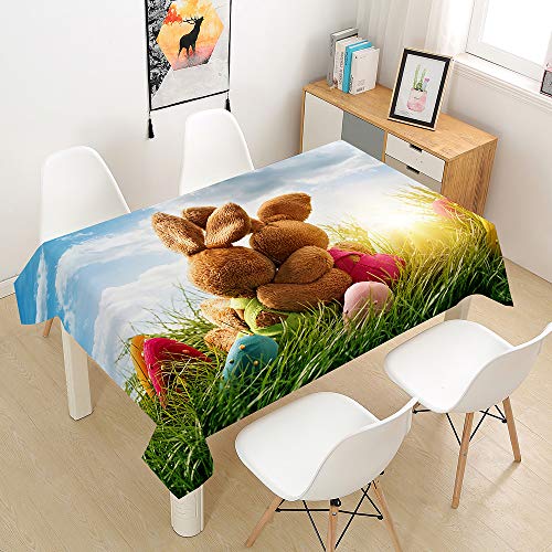 Hiser Bunte Ostereier Frühling und Ostern Stoff-Tischdecke eeignet Wasserabweisende Staubdichte Outdoor Abwaschbar für Home Küche Dekoration Tischtuch (Braunes Kaninchen,100x140cm) von Hiser