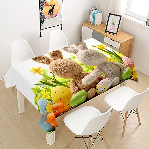 Hiser Bunte Ostereier Frühling und Ostern Stoff-Tischdecke eeignet Wasserabweisende Staubdichte Outdoor Abwaschbar für Home Küche Dekoration Tischtuch (Hase,140x140cm) von Hiser