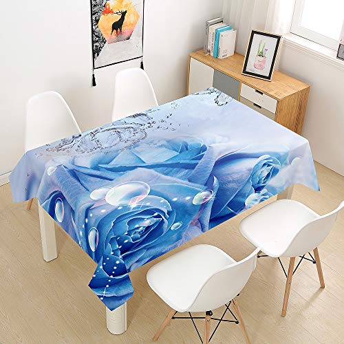 Hiser Tischdecke Wasserdicht Tischwäsche, Rechteckig Abwaschbar 3D Rose Drucken Polyester Tischdecken Abwischbar Tischtuch für Küche Party Outdoor Garten (Blau,140x200cm) von Hiser