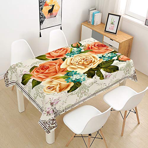 Hiser Tischdecke Wasserdicht Tischwäsche, Rechteckig Abwaschbar 3D Rose Drucken Polyester Tischdecken Abwischbar Tischtuch für Küche Party Outdoor Garten (Orange Gelb,140x140cm) von Hiser