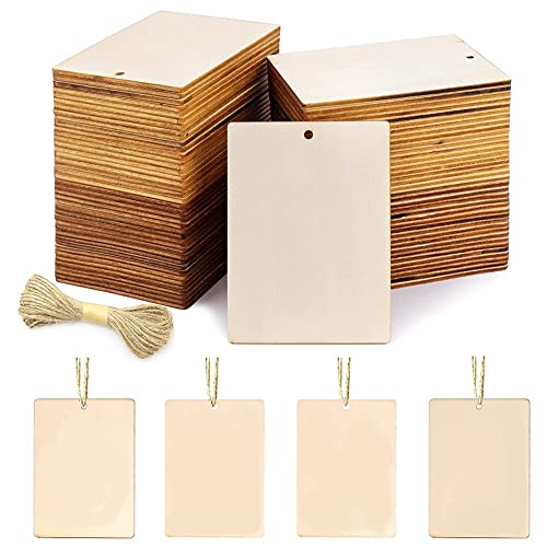 Histos 45 Stück Leere Holzanhänger, Holzquadrate, Lesezeichen, 8,9 X 6,3 Cm, zum Basteln, mit Löchern und 42,65 Fuß Schnur für Weihnachtsgeschenkanhänger von Histos