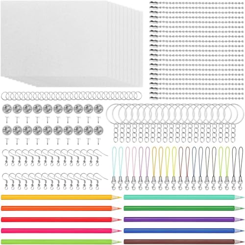 Histos Set Aus Schrumpffolie mit Leeren Blättern, Schrumpfkunstpapier, Buntstiften, Schlüsselanhängern, Ohrringhaken, zum Basteln von Histos