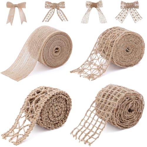 Hiswan 4 Rollen Juteband Rustikale Jute-Netzbänder zum Basteln, Bastelband, Netz, Jute-Stoffband für Geschenkverpackungen, Hochzeit, Baum, Hochzeit, Weihnachten, Halloween-Dekoration (Gesamtlänge: 10 von Hiswan