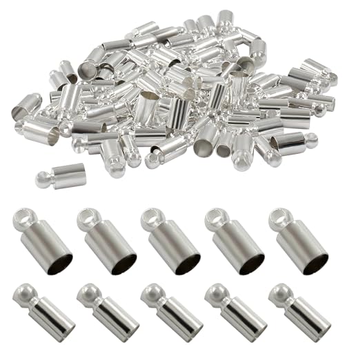 Hitefu 100 Stück 2 Größen Edelstahl Kordelenden 3 mm / 4 mm Innendurchmesser, glatte Endkappen, Endkappen, Edelstahlschnur, zum Auffinden von Metallperlen, Rohr-Verschlüsse mit Schlaufe für von Hitefu